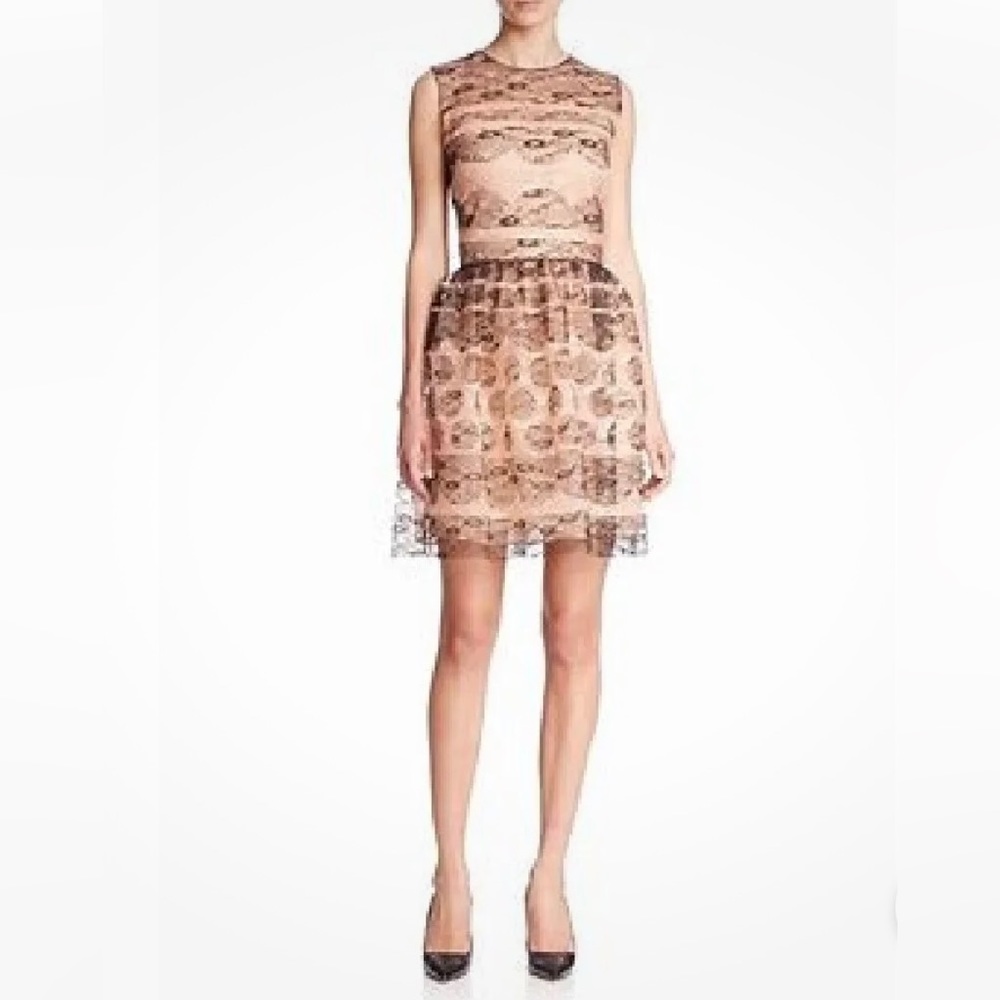 RED VALENTINO Nude Black Lace Floral Mini Dress